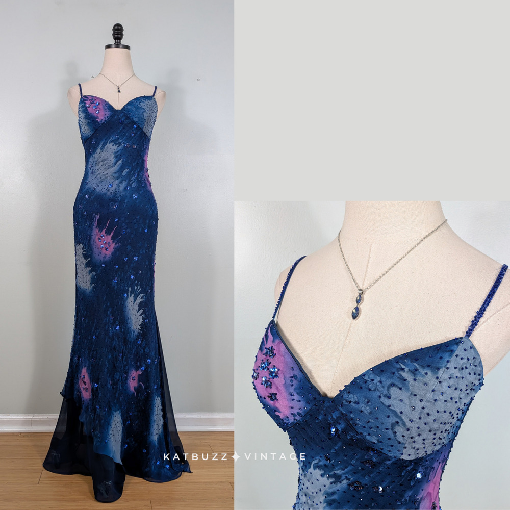 Vintage Silk Prom Dress Maxi Gown S Blue Bead Fairy Nymph Celestial 90s Y2K Glam